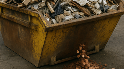 Skip full of rubbish leaking coins to represent waste business losing profit.