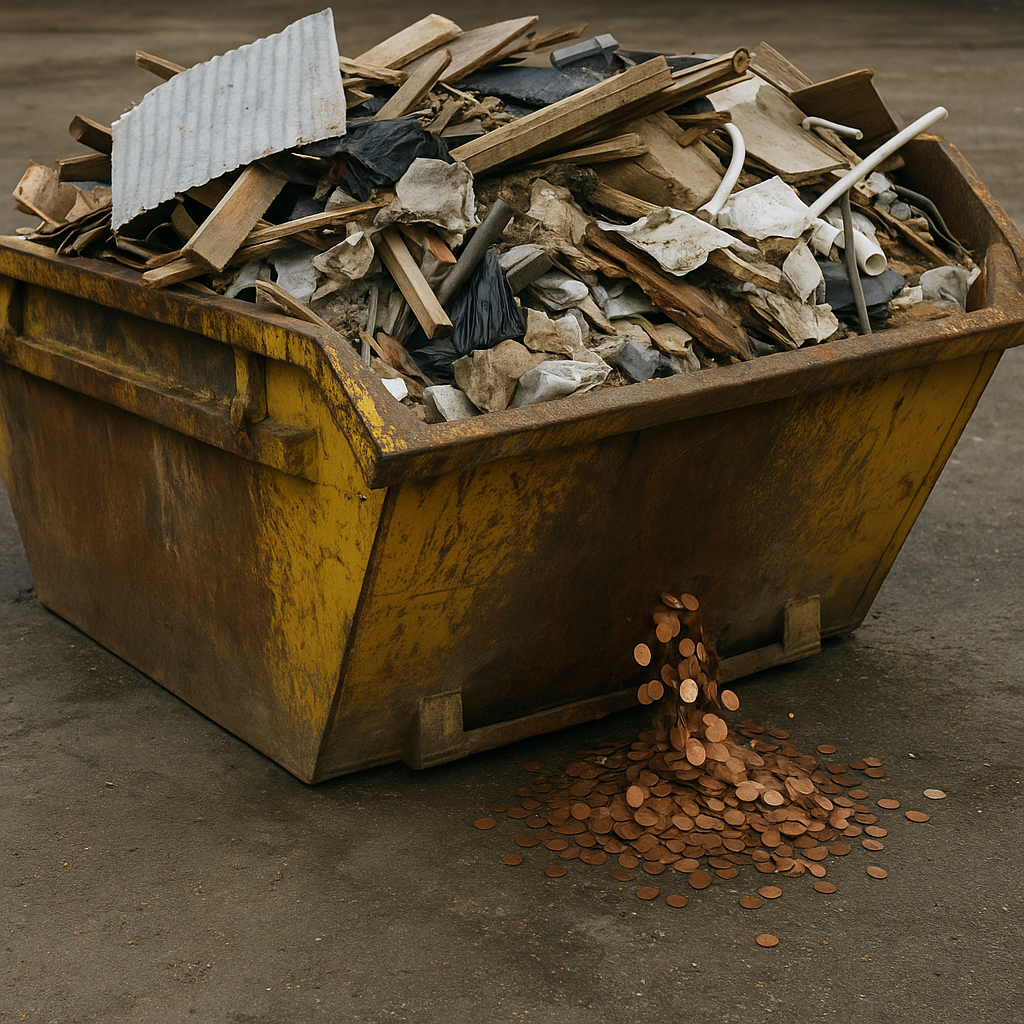 Skip full of rubbish leaking coins to represent waste business losing profit.
