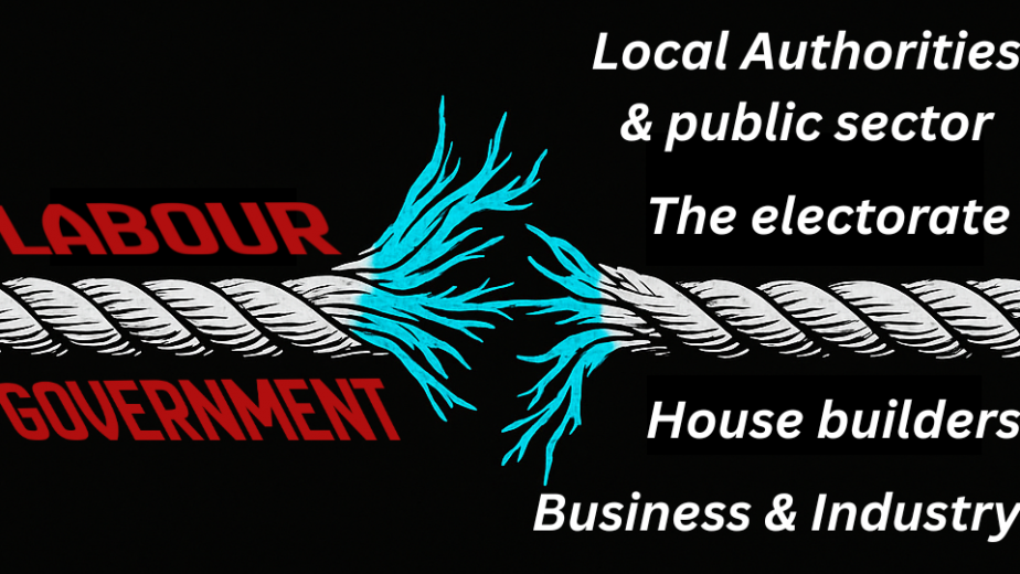 Frayed rope graphic showing Labour’s policies pulled apart by industry, councils and public sector.