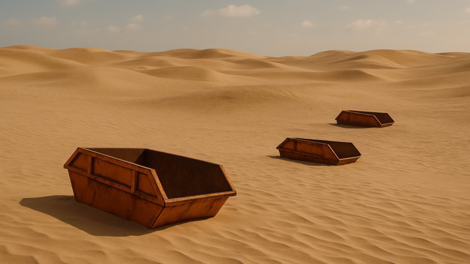 Desert with half-buried skips symbolising waste businesses lost in online search