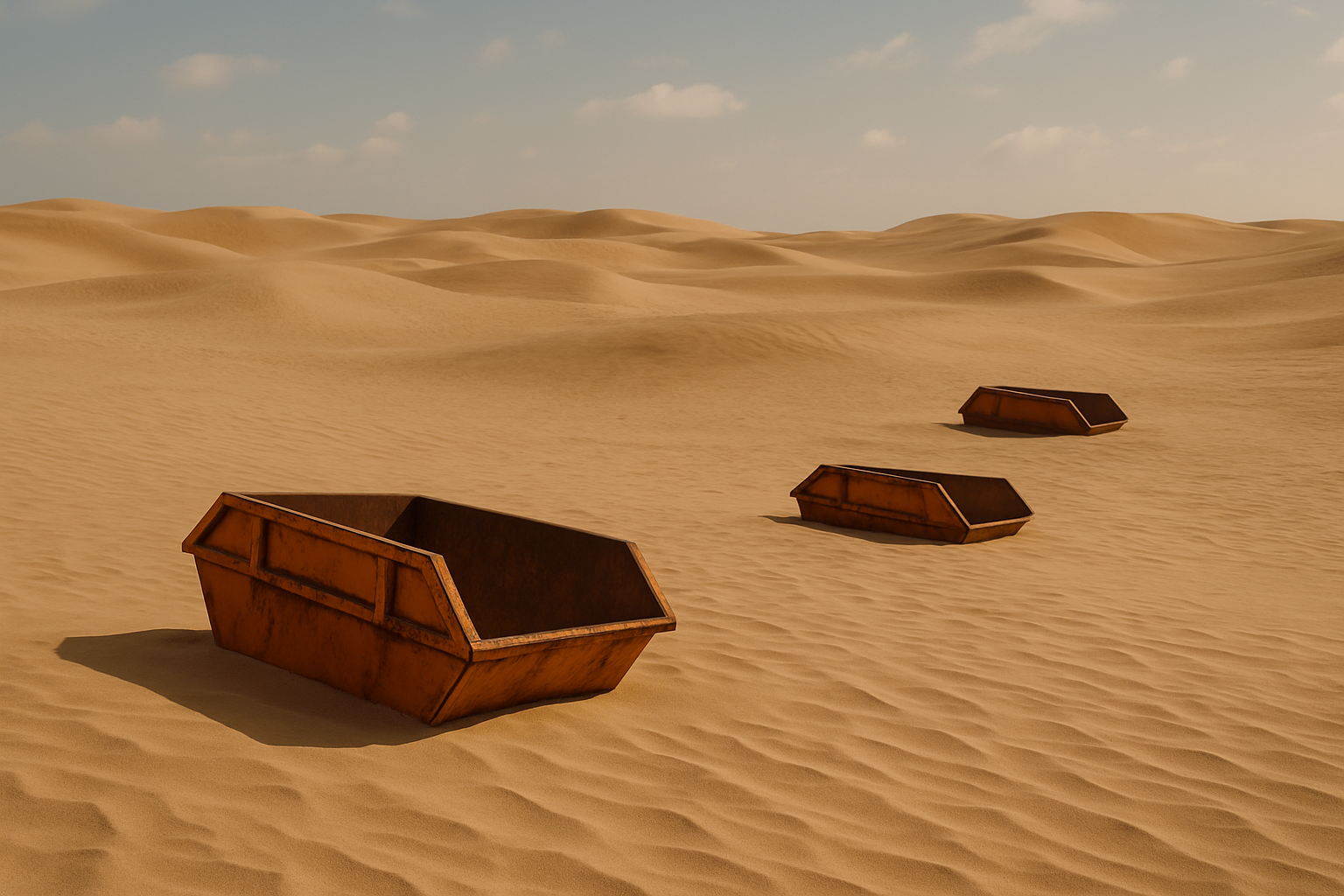 Desert with half-buried skips symbolising waste businesses lost in online search