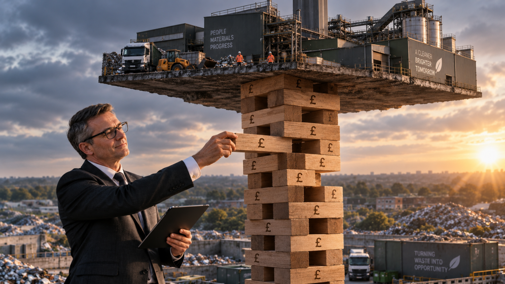An accountant fiddling with a Jenga tower supporting an entire business