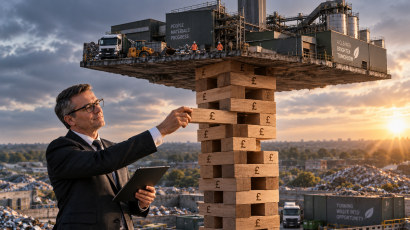 An accountant fiddling with a Jenga tower supporting an entire business