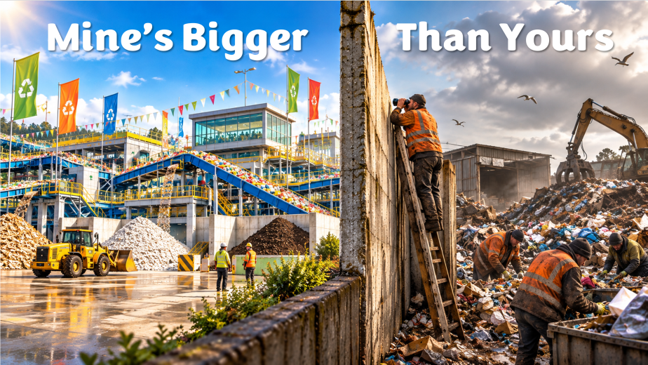 Waste business owner looking over a wall at a competitor's impressive recycling and processing machinery.