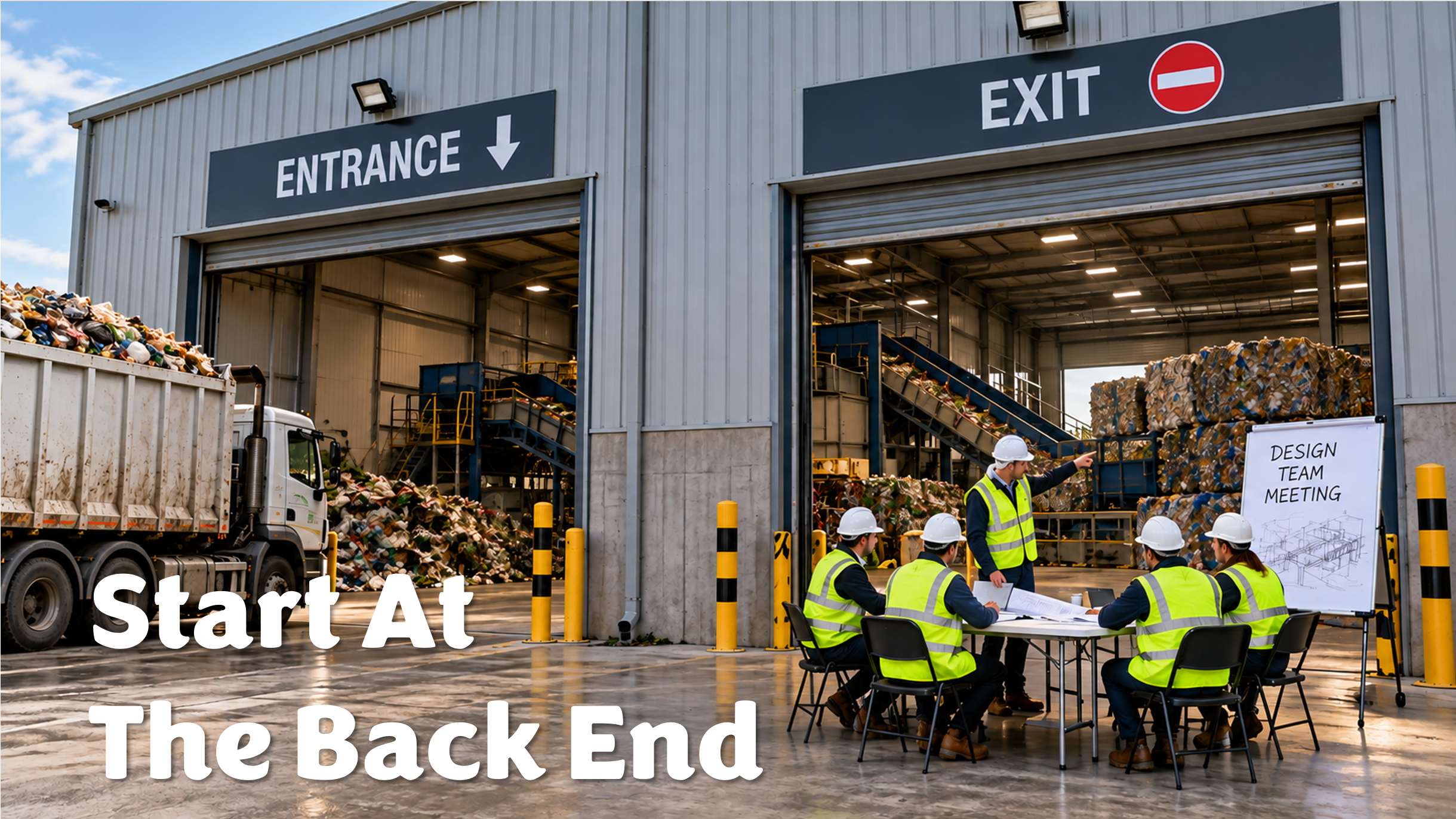 Waste processing plant with a design team meeting at the exit, illustrating the importance of designing around outputs