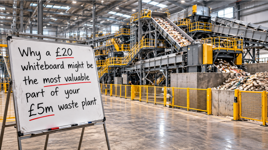 Whiteboard in front of a multi-million-pound waste processing line, questioning whether better management delivers more value than machinery.
